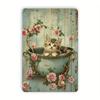 Vintage Cat Bathing Metal Tin Sign Retro Foil Engraved Iron Wall Decor Indoor Outdoor Floral Feline Hanging Art Home Garden Ornament
