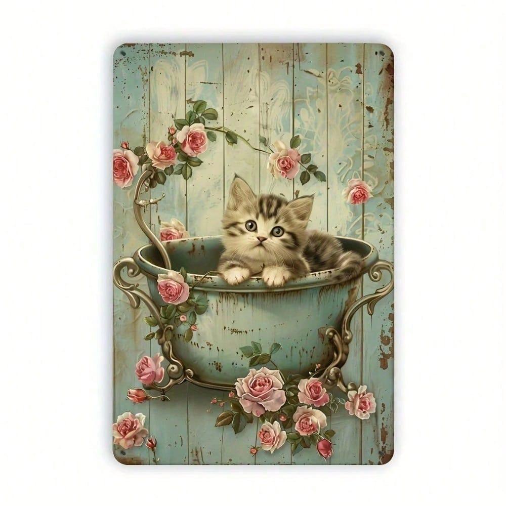 Vintage Cat Bathing Metal Tin Sign Retro Foil Engraved Iron Wall Decor Indoor Outdoor Floral Feline Hanging Art Home Garden Ornament