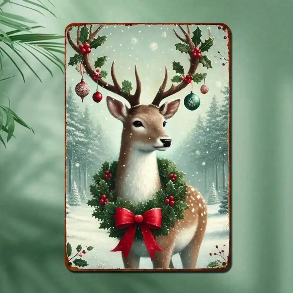 Vintage Reindeer Metal Tin Sign 8x12 Inch - Festive Wall Art for Home Bar Cafe Garage Decor