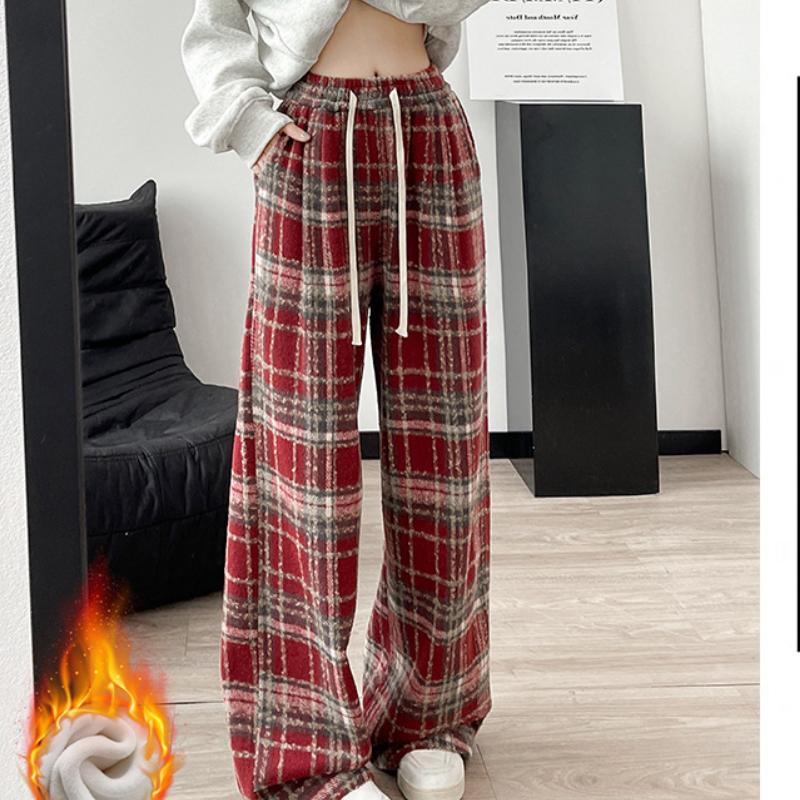 Woolen Floor Pants for Women's Autumn and Winter New Arrival Style Plush Pants for For Women Thick Straight Pants Casual Plaid Wide-leg Pants