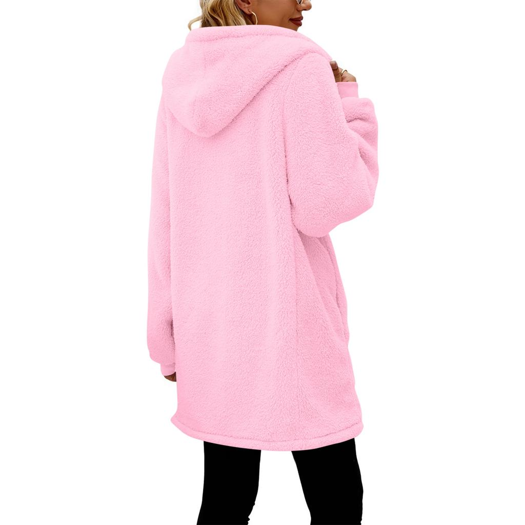 Women's Fashionable Coat Solid Color Long Sleeved Pocket Loose Hooded Zipper Plush  Jacket