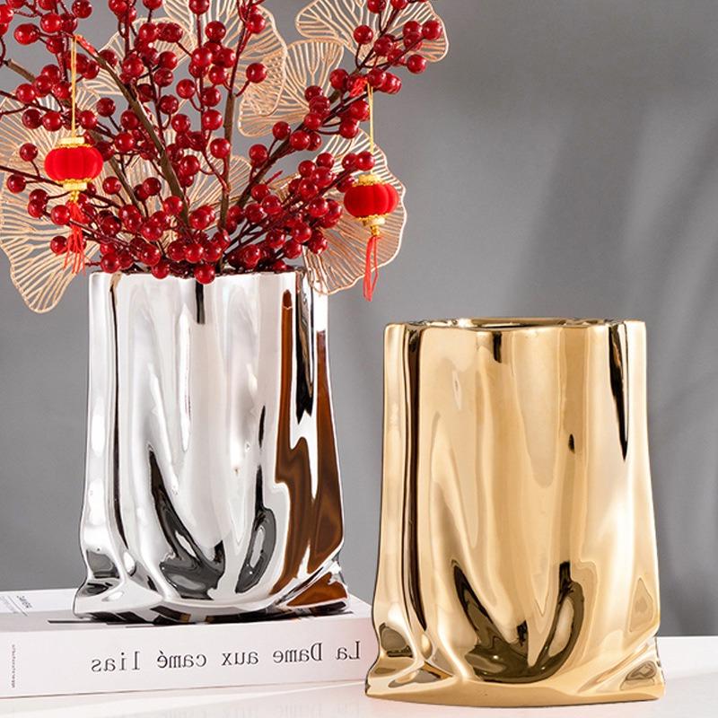Silver Cloth Bag Ceramic Vase Folded Flower Pot Straight Tube Pleated Stacked Flowerpot Flower Vases Terrarium Home Decoration