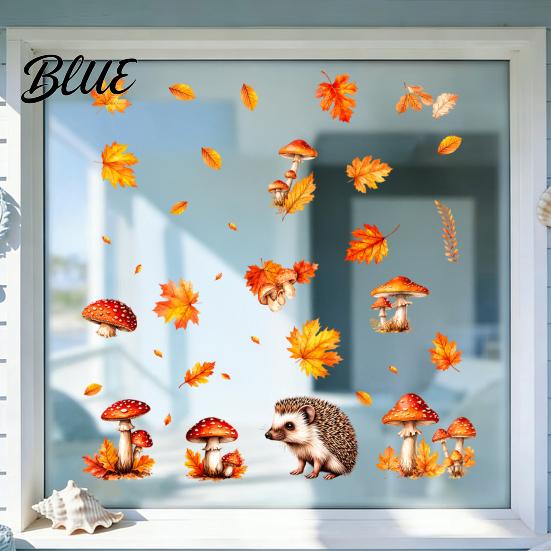 Thanksgiving Home Decor 2PCS Autumn Hedgehog Static Window Clings Fall Maple Leaf Mushroom Glass Stickers Reusable Stickers No-Adhesive Decals