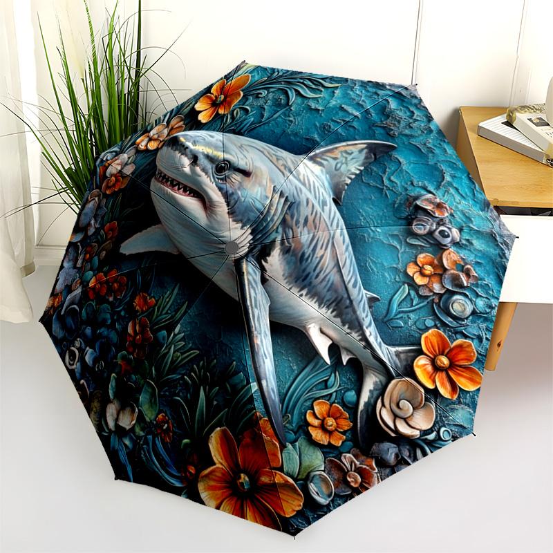 0106 Embossed Floral Marine Animals Pattern, Automatic Folding Umbrella, Portable and Foldable Design, 8 Ribs, a Christmas or Birthday Gift.