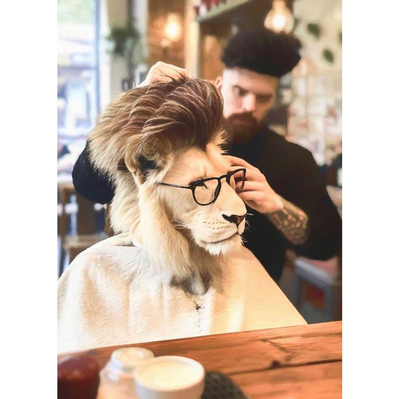 Funny Hairstyle A Lion At The Barbershop Hairdresser Art Poster Canvas Painting Wall Prints Picture Room Barbershop Home Decor