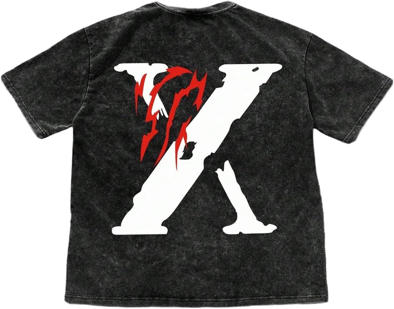 

Washed Double-Sided X Letter Thorn Print 100% Cotton Oversized Short Sleeve T-shirt L чёрный