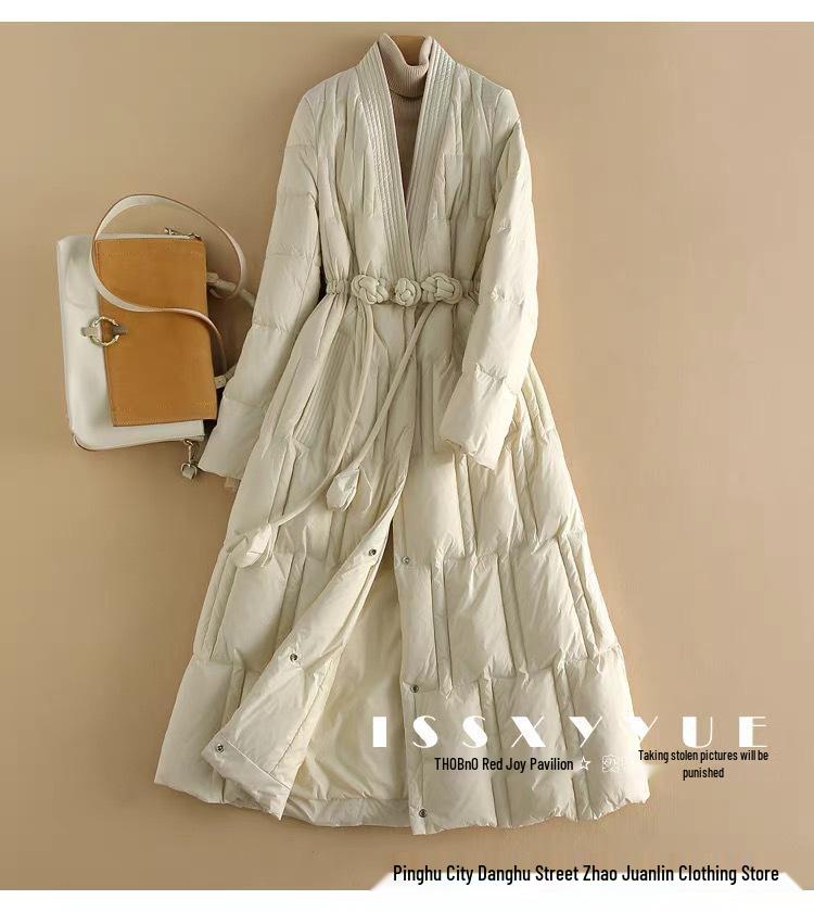 Kongmi Winter 2023 Damen Schlankmachende V-Ausschnitt A-Linien Lange Daunenjacke