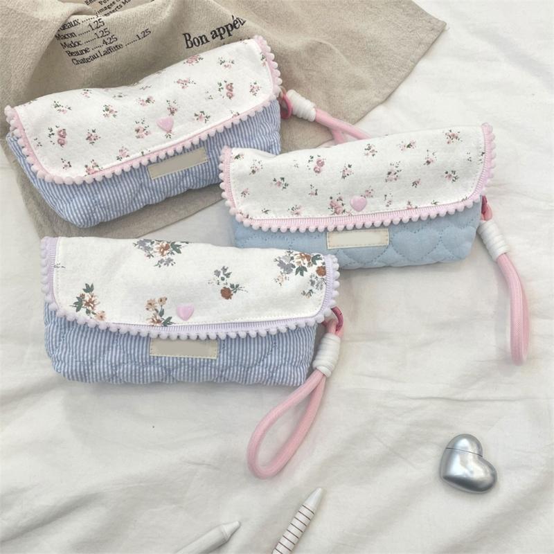 Flower Print Pen Bag with Lanyard Large Capacity Pencil Case Pen Organizers Pencil Pouches Travel Makeup Bag for Women