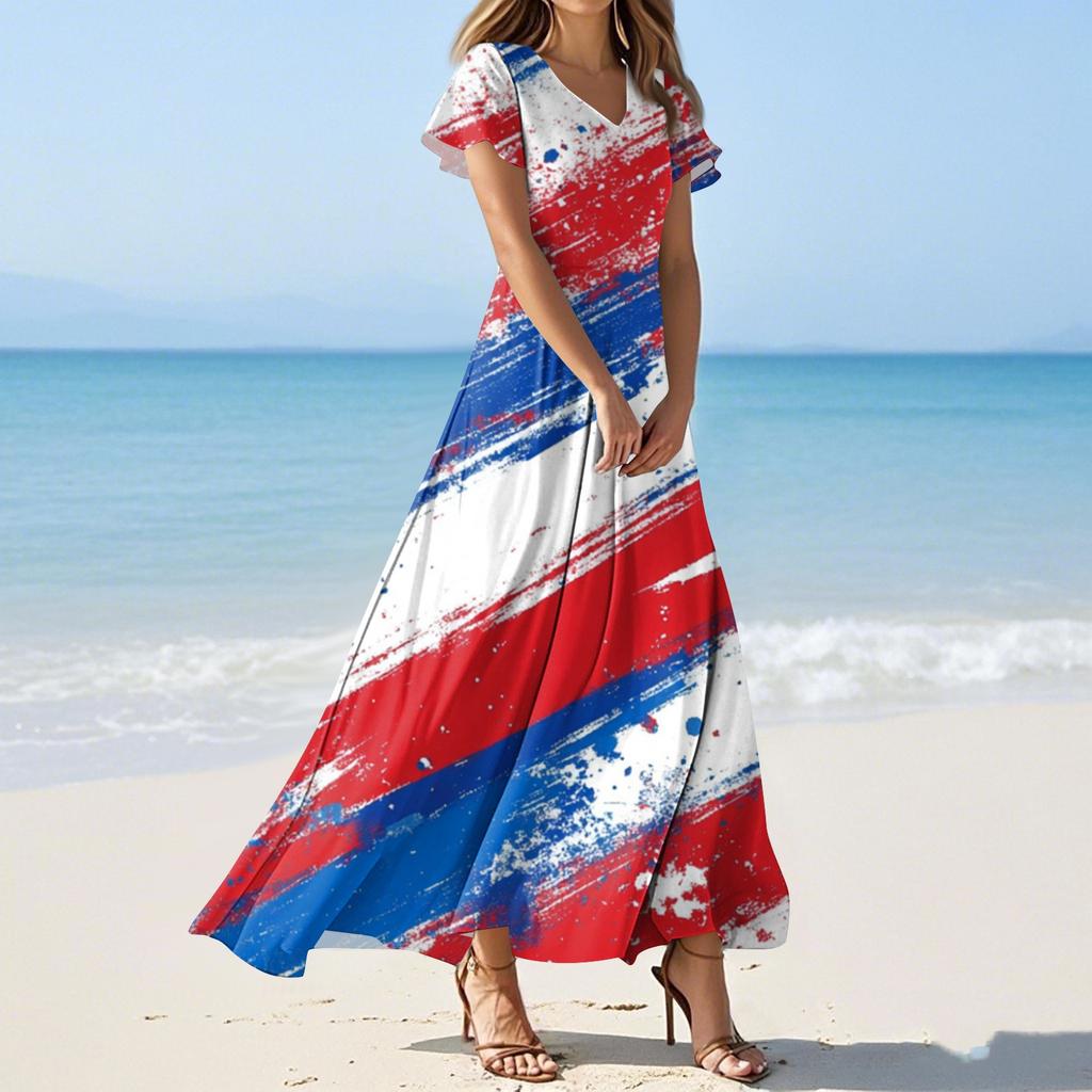 Women's Summer Casual Fashion Independence Day Printed Dresses V-Neck Short Sleeve Dresses