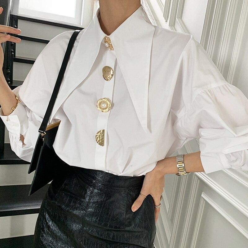 Chic Button Cotton White Shirt Women Spring Casual Office Lady Women Blosues Loose Lantern Long Sleeve Shirts Tops Blusas 15631