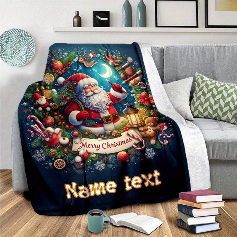Santa Claus Christmas Customized Your Name Blanket Warm Comfortable Soft Blanket For Chair Office Sofa Bed Sofa Office Camping Suitable For Gifting