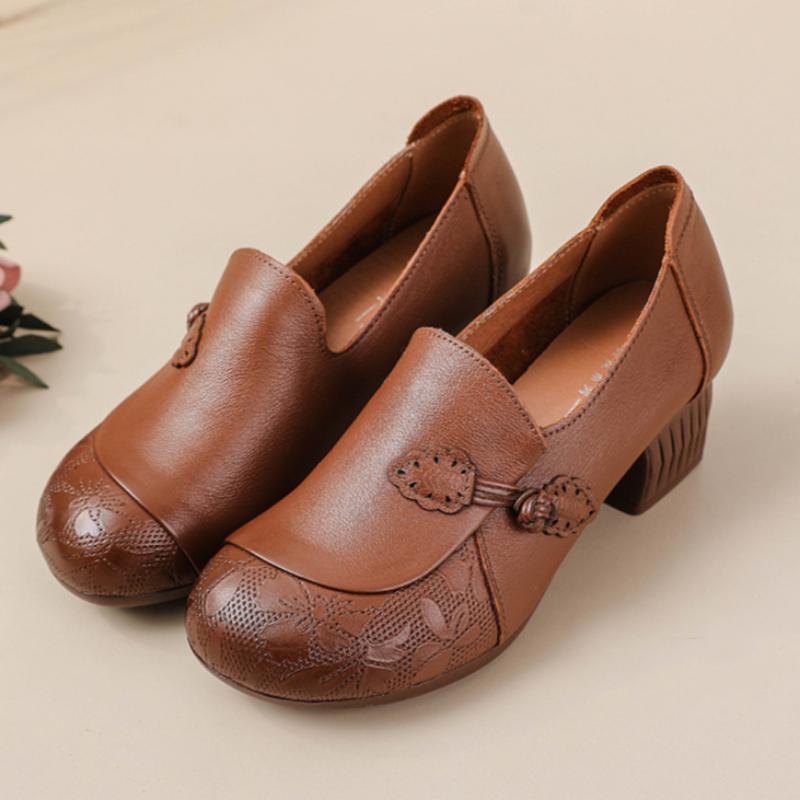 Women's Thick-heeled Leather Shoes, Retro Ethnic Style Handmade Women's Shoes, Medium and High Heels, Middle-aged Shoes