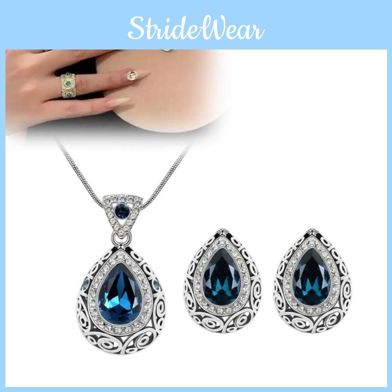 Teardrop Necklace Shaped Earrings Alloy Jewelry Set Women Fashion Gift Blue