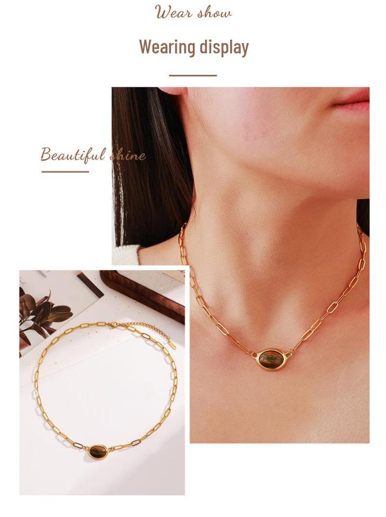 Ying Tai 18K Gold Plated Necklace with Tiger Eye Pendant: Stainless Steel Clavicle Chain, High Polish Finish, Women's High-End Style.
