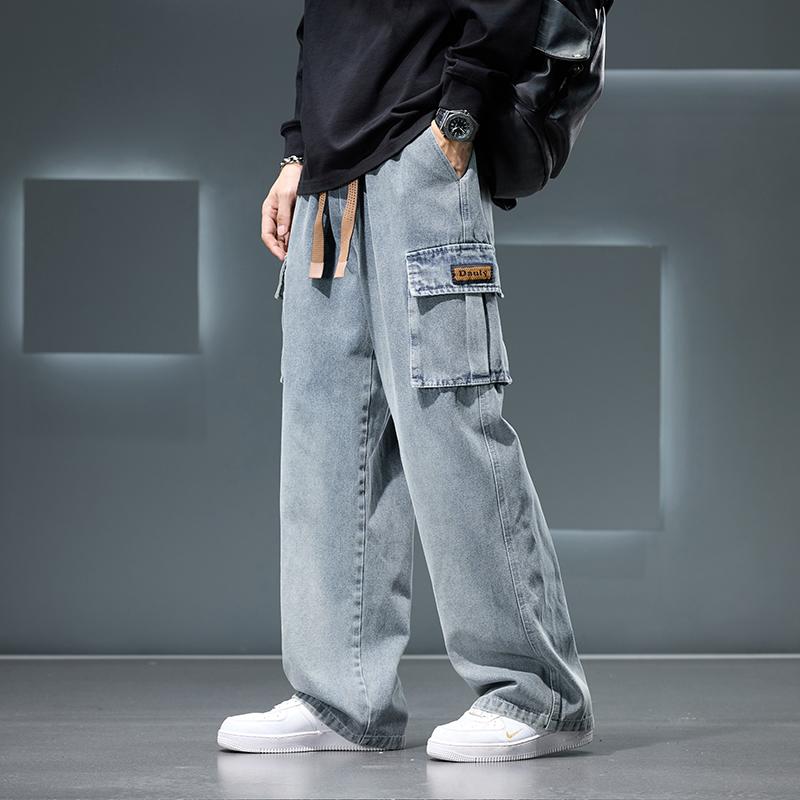Wide Leg Washing Jean Pants Men Trousers Neutral Solid Color Loose Casual Fashion Pocket Cargo Pants Big Size 8XL