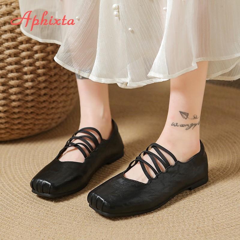 Fashion Aphixta Square Toe Black Flats Shoes Slip On Elastic Bands Cross Straps Womens Shoes Elegant Flat with Ladies Shoes