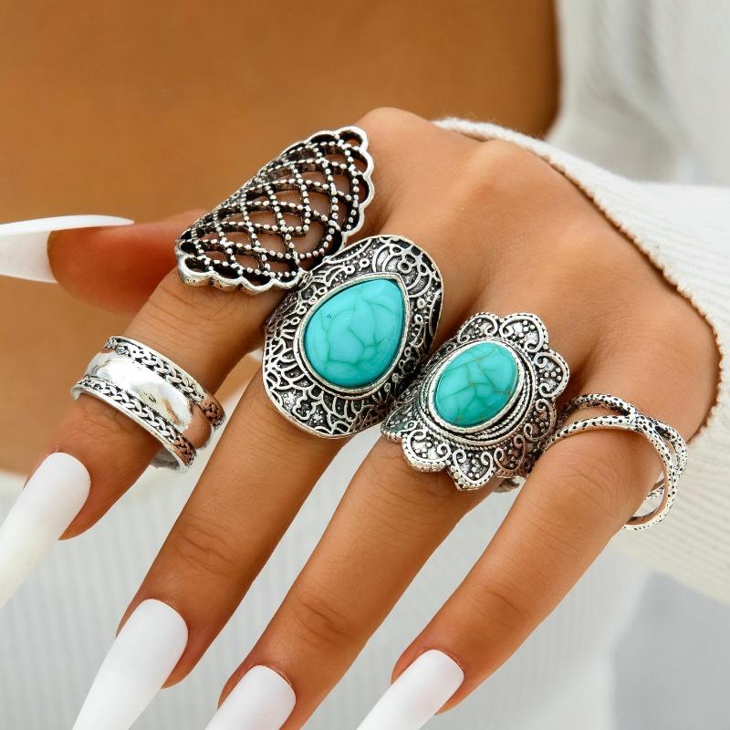 European and American Ethnic Style Carved Feather turquoise Ring Retro Personality Ring Set Combination Ring Set