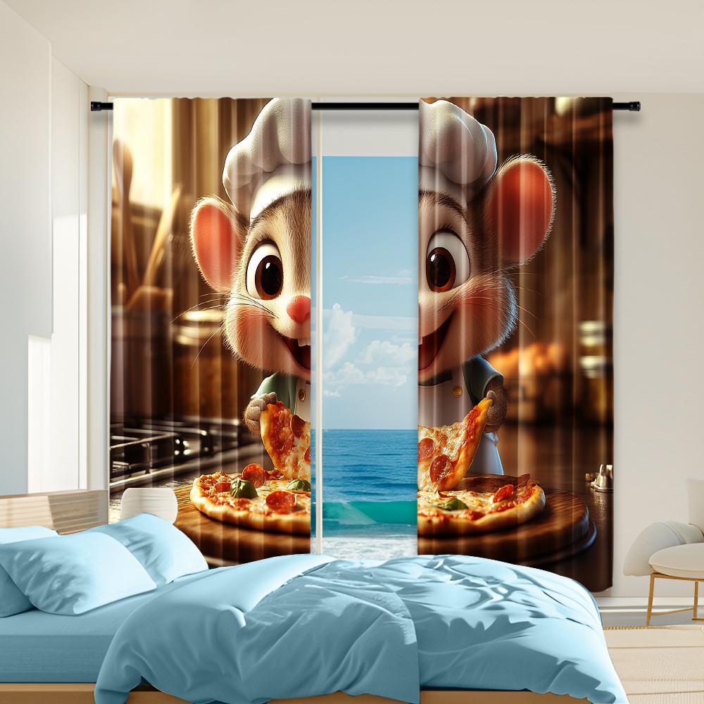 

2 pcs versatile polyester transparent curtains for home decoration Adorable Rat Chef for use in bedrooms and living rooms 100*130 Rod Pocket 1pcs