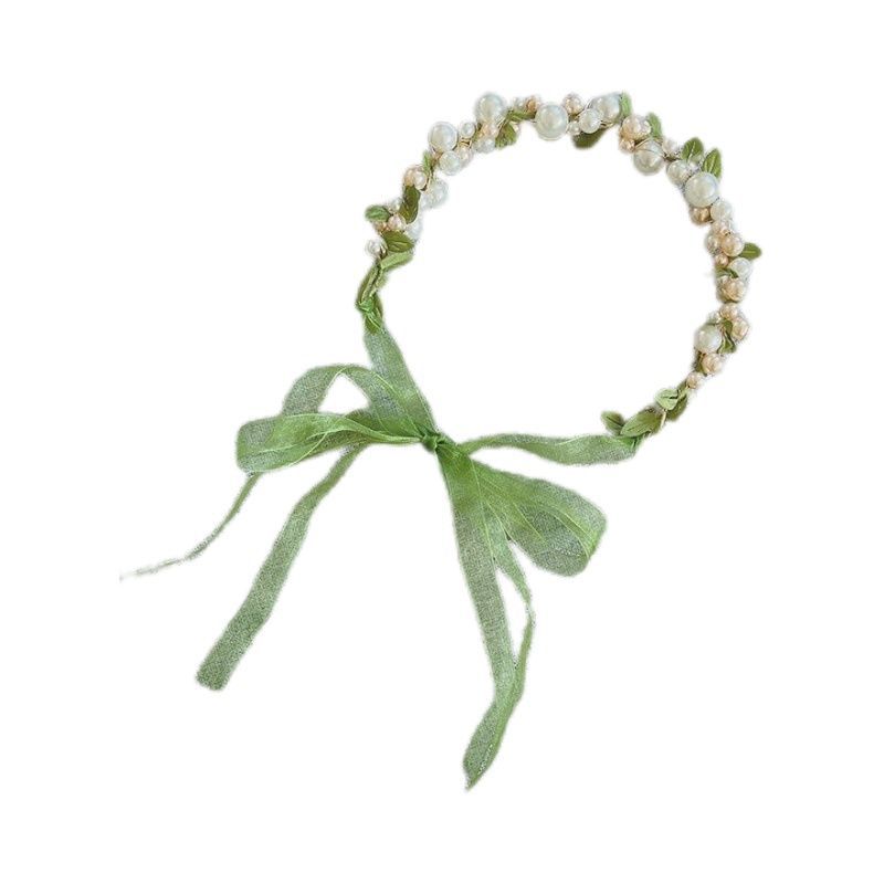 Fresh Forest Style Leaf & Pearl Headband for Girls-Tulle Braided Hair Accessory, Elegant & Natural,Perfect for Little Princesses