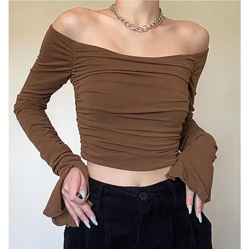 Spring Fall Vintage Sexy Slim T-Shirts Women Harajuku Kawaii Solid Tops Gilr's Korean Fashion Casual Off Shoulder Blouses
