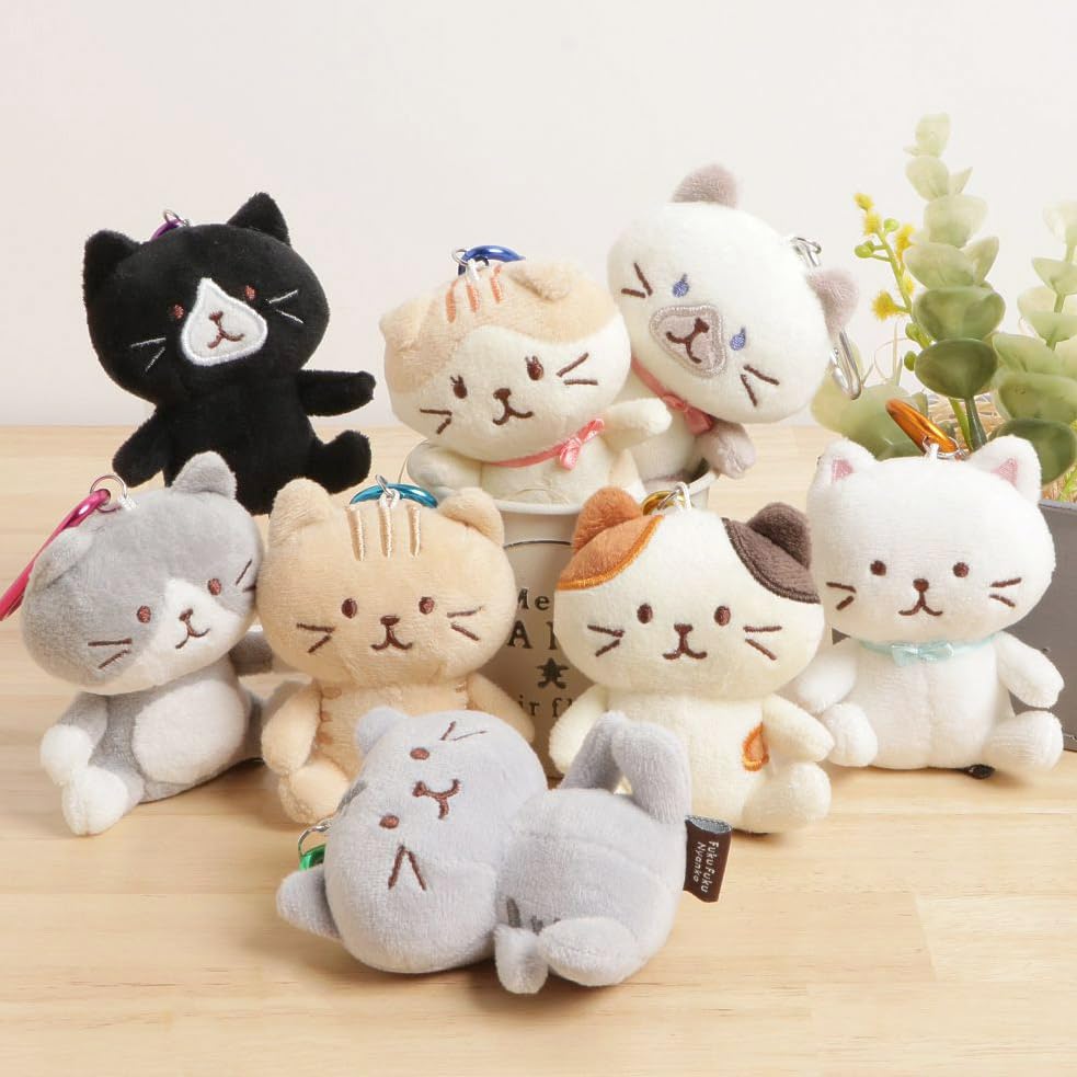 [FUKU FUKU NYANKO] Mascot Keychain, Plush Cat, Cute Gift, Character, Carabiner Included, 8cm Long, Go-Around Mascot, Fukufuku Nyanko, Happin's