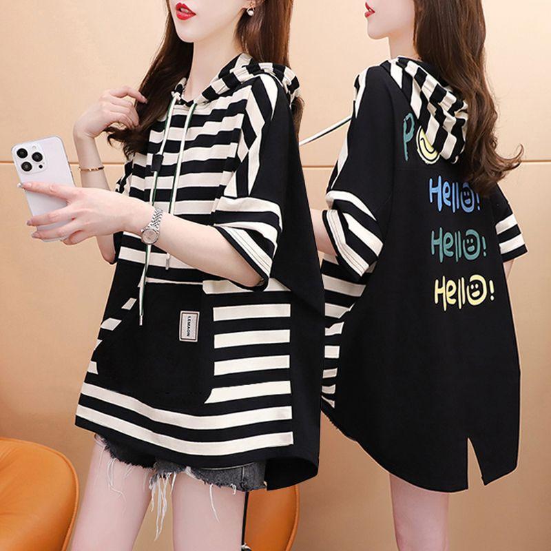 Women's Hooded Contrasting Back Panel T Shirt Summer Loose Long Women