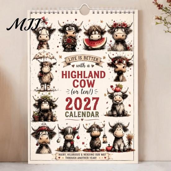 Monthly Wall Calendar Highland Cow 2027, Cute Hanging Planner for Home Holiday Gift Friends Office, Rustic Farmhouse Desk Decor, Unique Lovers