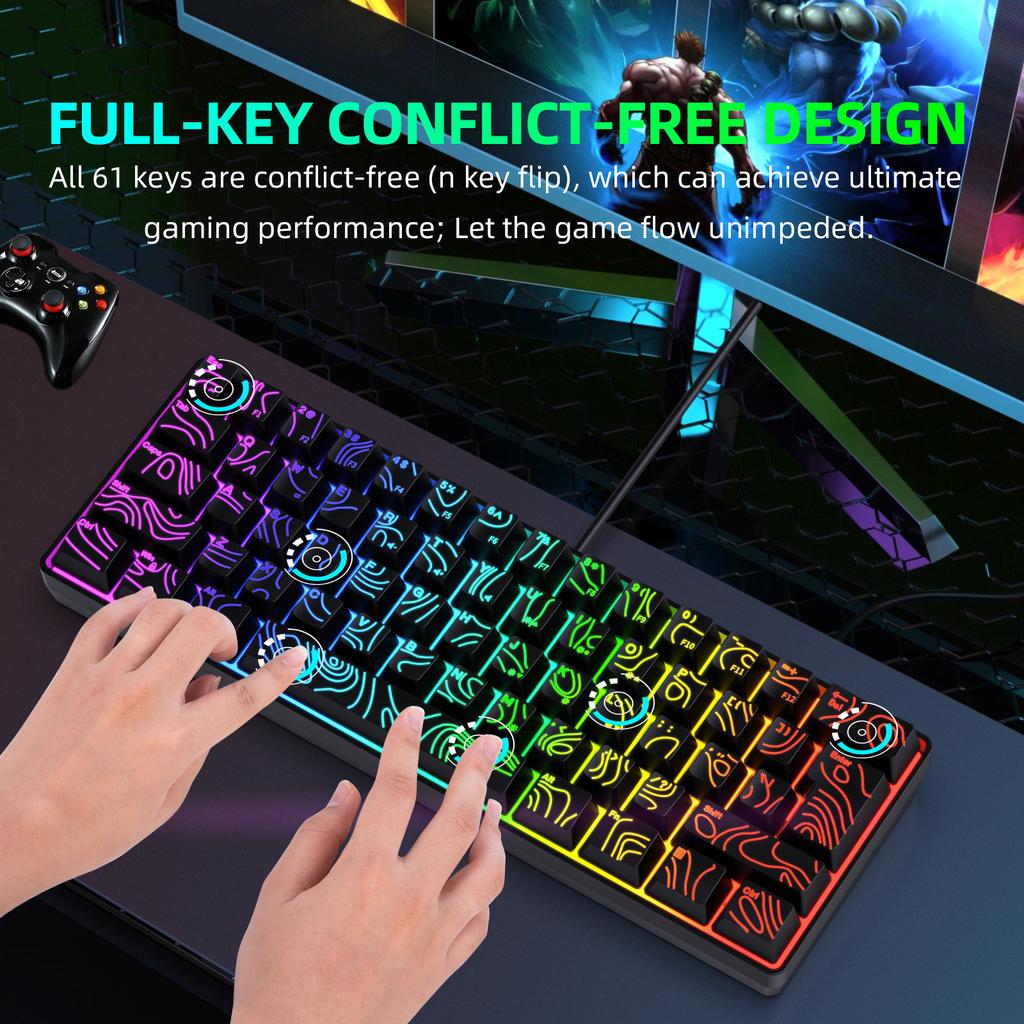 Y-FRUITFUL K401 61 Keys Gaming Keyboard with RGB Light 1.8m Wired Mechanical Keyboard for PC/Laptop