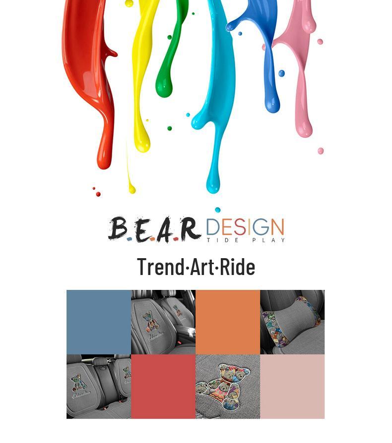 Four Seasons Universal Linen Car Seat Cushion - Cartoon Bear, Breathable, Half-Wrap Rear Seat Cover