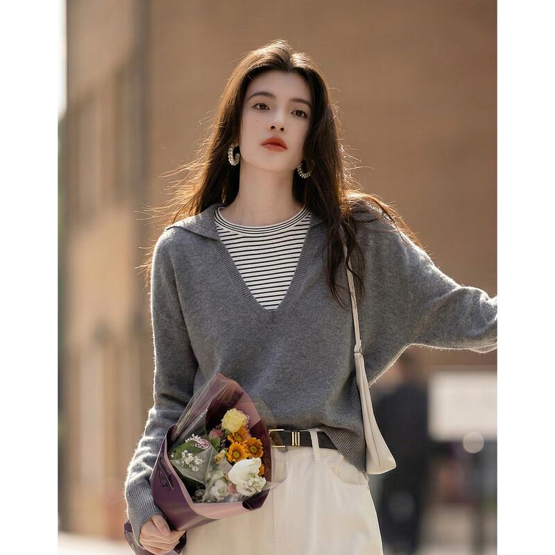 Women s Striped Hooded Knit Sweater with Wool L