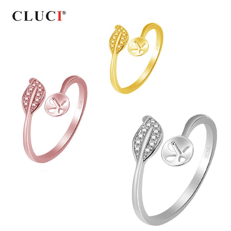 

CLUCI Silver 925 Rose Gold Leaf Open Ring Adjustable Sterling Silver Women Pearl Ring Mounting Jewelry Valentine Gift SR2043SB resizable розового золота