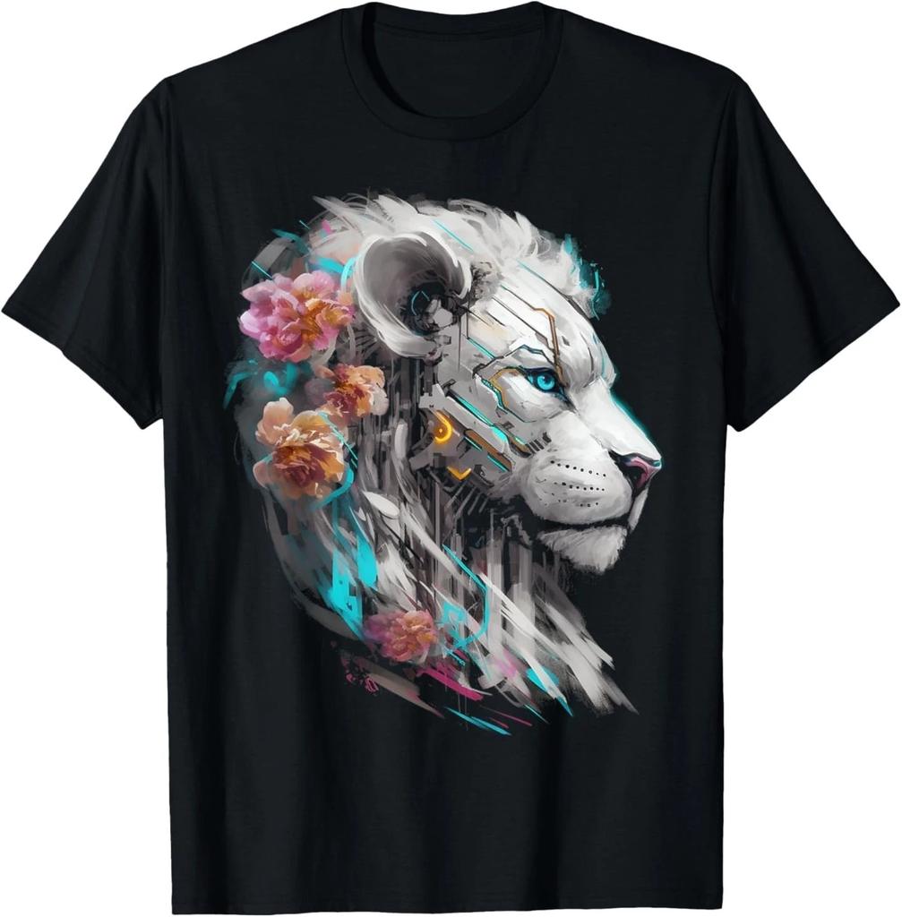 White Lion Fantasy Flowers Art - Blue Eyes Animal Lion T-Shirt