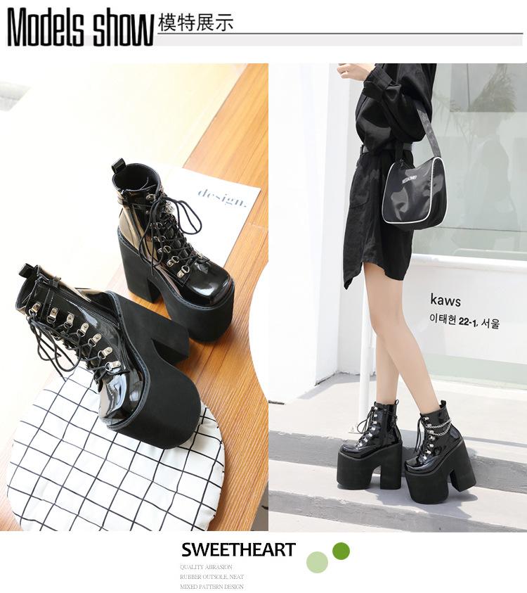 

2020 новая европейская и американская мода круглый носок цепочка патентная кожа 17см клубная сцена DJ шнуровка спереди женские туфли одинарки 34-43 43 чёрный