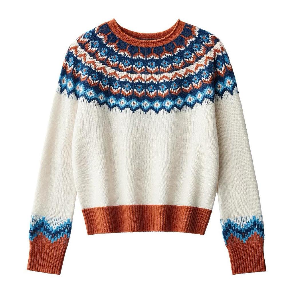 Women's Retro Fair Isle Color Block Wool Sweater for Autumn/Winter 2026
