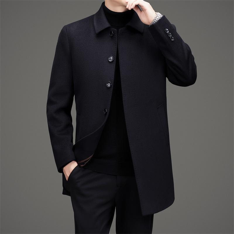 Men's Mid-Length Wool Coat with Detachable Down Liner, Business Lapel Style