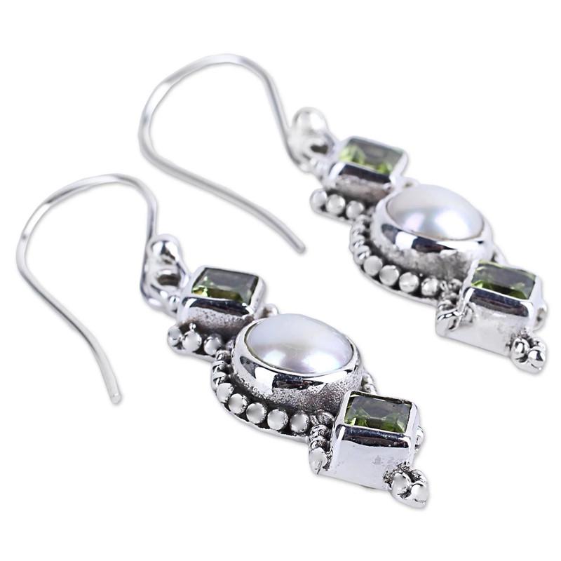 Cultured Pearl Peridot Long Section Dangle Hook Earrings Wedding Jewelry Gifts