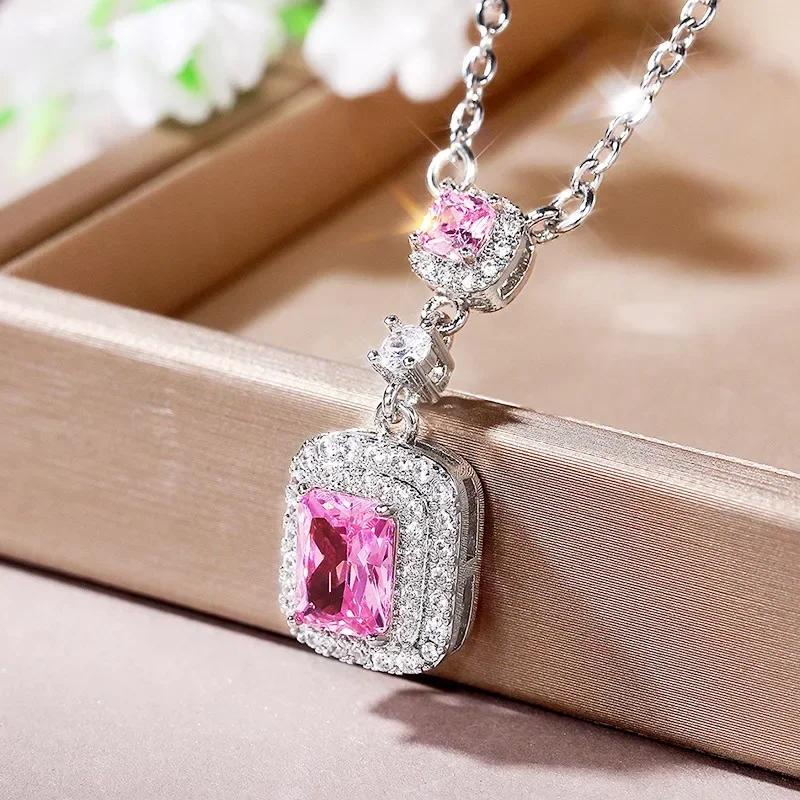 New Versatile Yellow Diamond Zircon Square Necklace Luxury Pink  Pendant  Female High Quality Jewelry