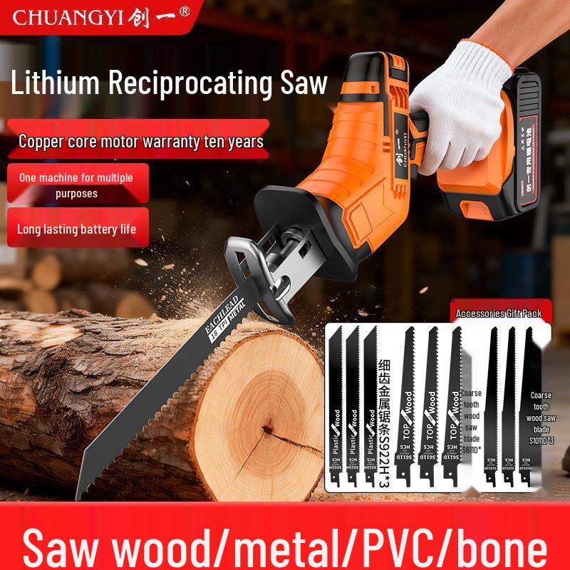 Rechargeable Handheld Electric Reciprocating Saw with Lithium Battery for Small Outdoor Cutting and Logging Tasks.