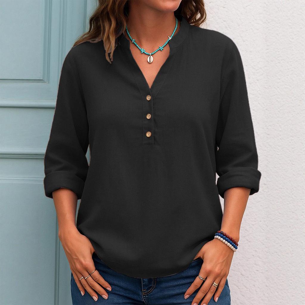 Women's Fashionable Solid Color V Neck Button Long Sleeved Casual Shirt Top