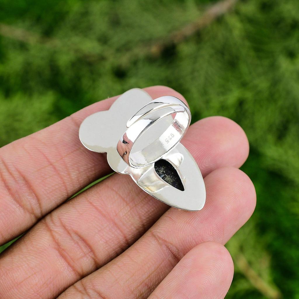 Sterling Silver Blue Sunstone Stone Artisan Bezel Statement Flower Sister Ring