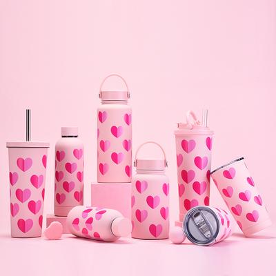 Edelstahl Thermobecher mit Strohhalm, Milchteebecher, Kaffeebecher, Valentinstagsset, Tragbarer Griff Sportwasserbecher