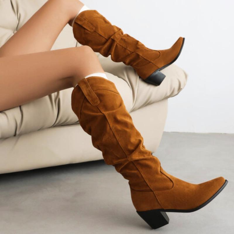 

Плетеные Сапоги до колена в стиле вестерн для женщин, Большие размеры 46 47 48, Круглый носок, Массивный высокий каблук, Женские теплые лаконичные туфли 39