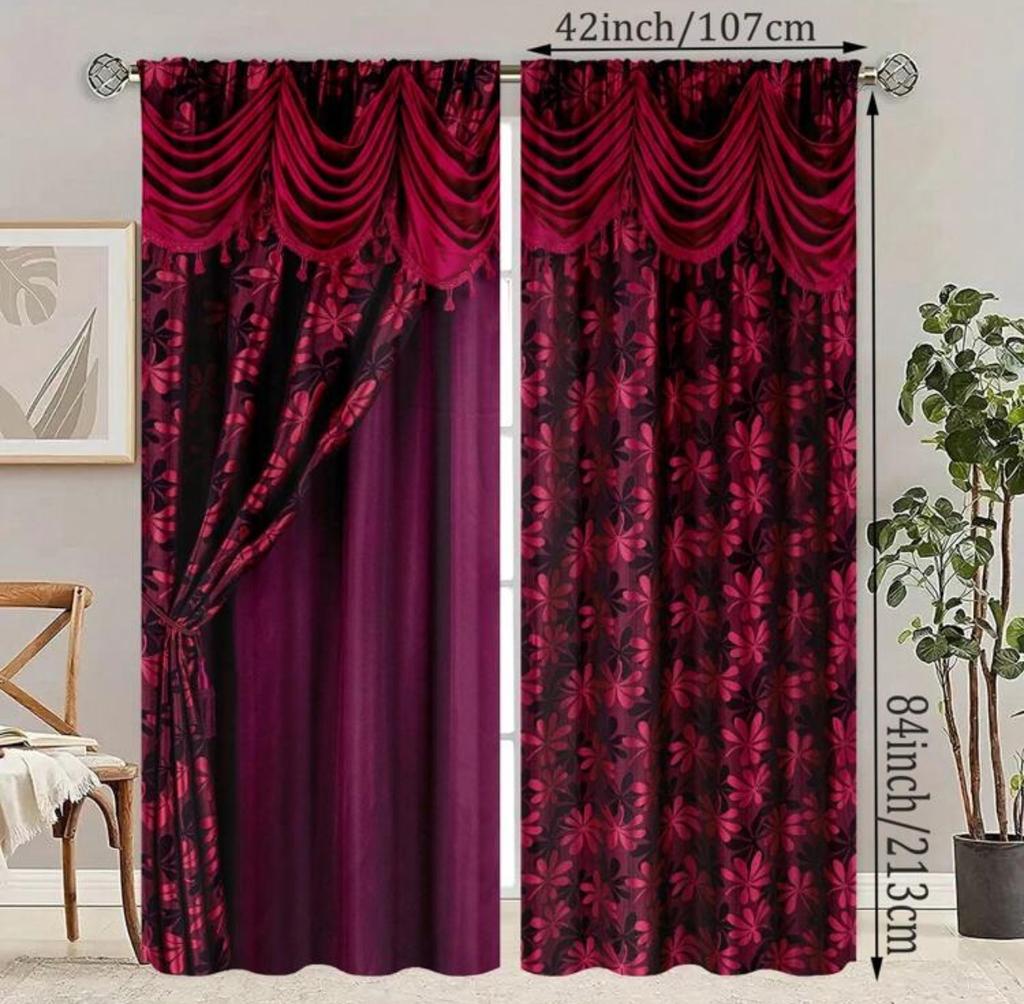 Red Floral False Background Pattern Printed Curtains, Bedroom and Living Room, Home Decoration, Room Decoration