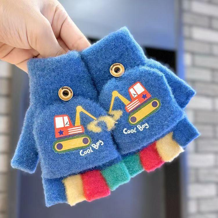 Herbst- und Winter-Kinderhandschuhe Cartoon Bagger Muster Bunte Halbhand Strickhandschuhe Warm und Kältefest Plüsch Klapphandschuhe