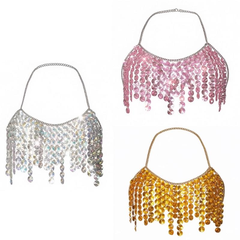 Halter Body Chain Top with Cascading Faceted Disc Fringe, Open Back Body Jewelry Accessory for Party and Festival Outfits