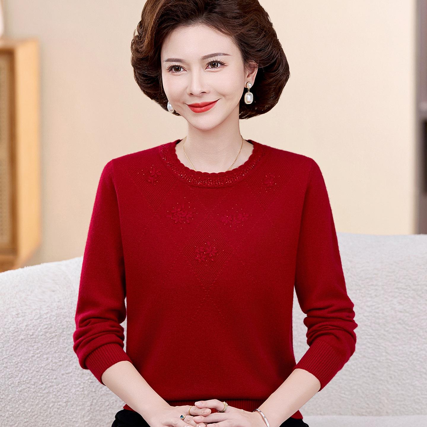 

Mom s Red 100% Wool Sweater for Middle-aged & Elderly - Round Neck, Autumn/Winter Year of the Rat Pullover M (90-100 jin recommended)