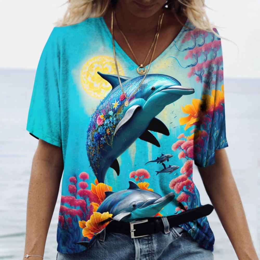 Women's T-Shirts Dolphin Print Tops V-Neck Fashion Female Vintage Aesthetics Tees Loose Oversized Funny Clothing