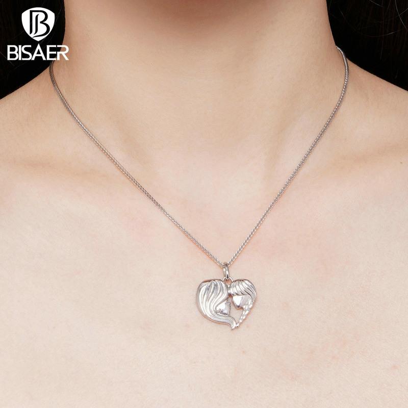 BISAER 925 Silver Mother & Child Pendant Necklaces Heart Charm Adjustable Chain For Women Mother's Day Birthday Jewelry
