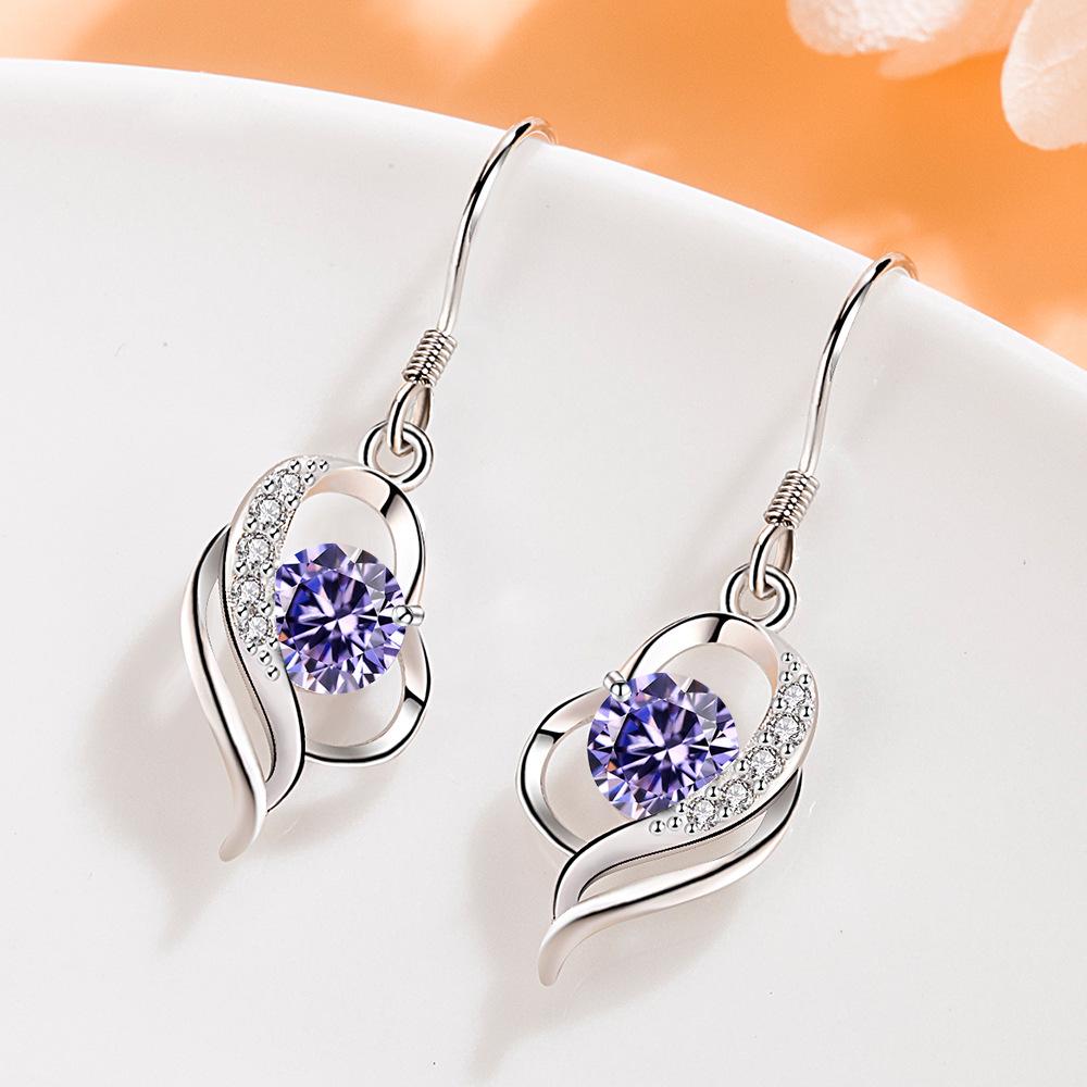 Japanese & Korean Zircon Silver-Plated Fashion Earrings: Elegant Medium-Length Hooks with Heart Details for Women