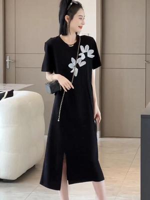 MODIQUE Summer Plus Size Women Loose Versatile A-Line Minimalist Floral Slit T-Shirt Long Dress Female Casual Oversize Short Sleeve O-Neck Dresses